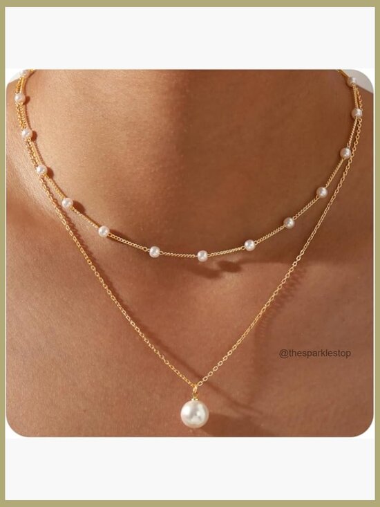 Jewelry - Real Gold Plated Dainty Pearl Necklace Daisy Round Drop Pearl Choker Layered